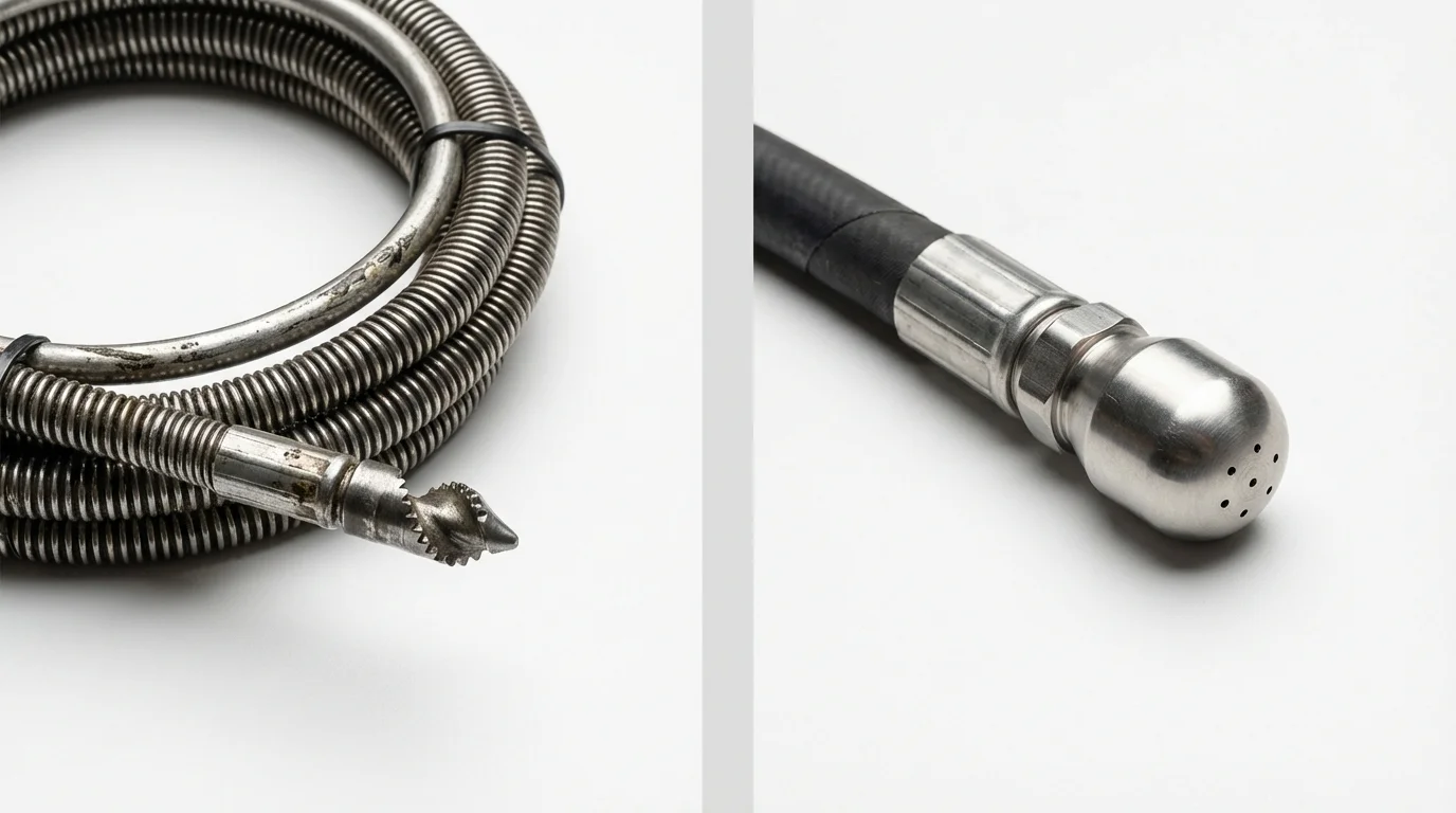 Drain snake cable and hydro jetting nozzle used for drain cleaning in Lodi, CA