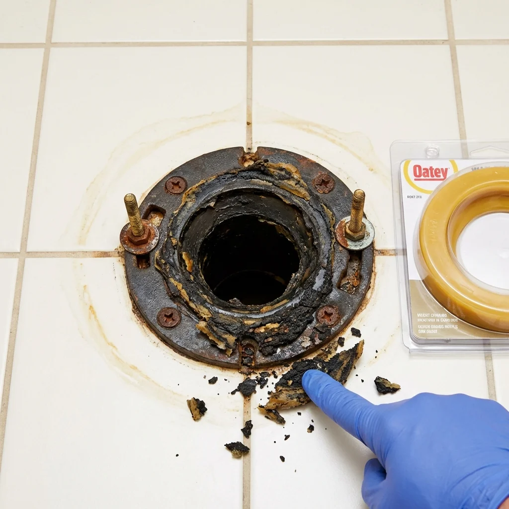 Failed wax ring showing water seepage at the base of a toilet in a Lodi, CA home