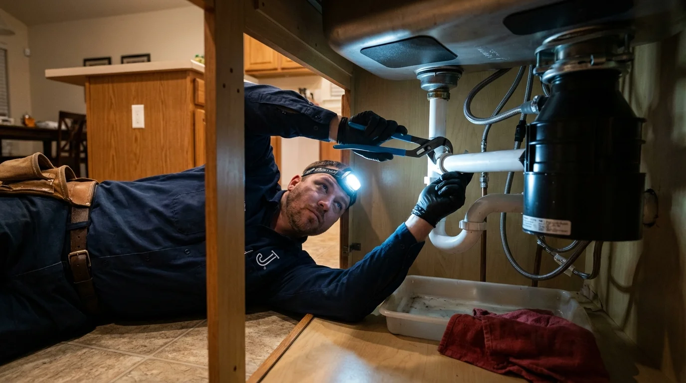 P-trap and supply line connections under a kitchen sink showing a common leak point in Lodi, CA